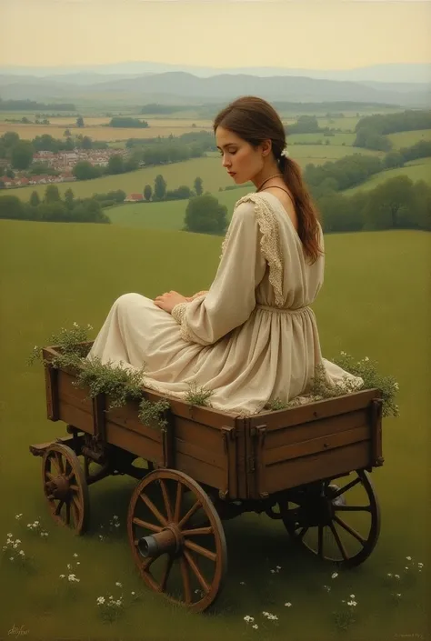 Generate a painting of a wagon and a
 Lonely young woman sitting on the, Let the image look in the Renaissance style !!!!
