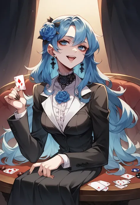 a gothic girl, linda,  neutral expression, seductive,  long hair , I wore a, suit, blue rose, half open mouth, Face 3 /4, head tilted, poker card , sitting, table