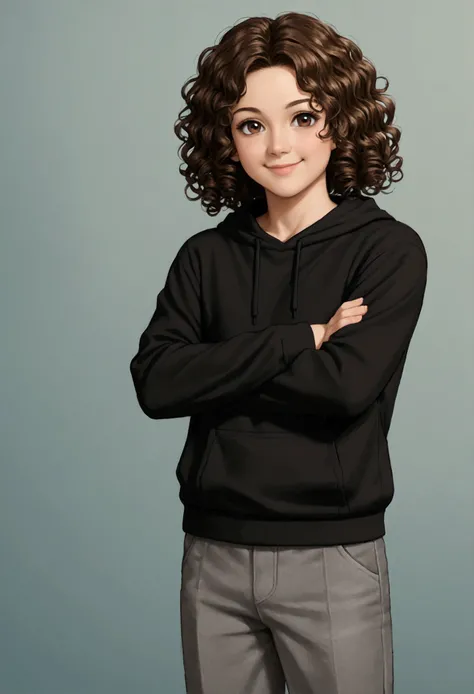  brown curly hair, brown eye , Young, 24 years old, smile, black sweatshirt, gray pants, standing, arms crossed, clear environment, quarto gamer, FIRST WORK