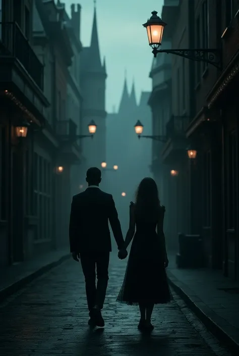 couple holding hands walking on a dark street, Gothic art, HD, masterpiece, accurate, anatomically correct, super detail, high details, high quality, 4K