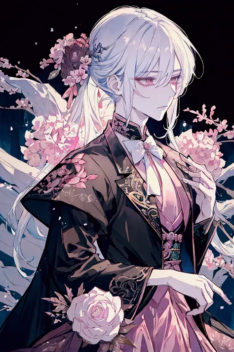 anime - style image of a man in a close up of a dress with a pink and black design, outfit design, wearing fantasy formal clothing, fantasy outfit, anime boy wearing a black dress, fashion concept art, fantasy dress, black and pink dress, fantasy style clo...