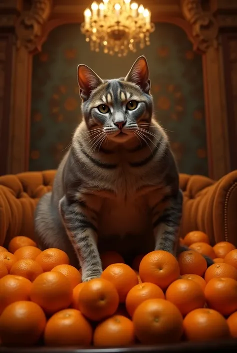 je veut une image d’un chat et de plusieurs oranges , le chat doit être très musclé et robuste. Ils doivent être dans un décor somptueux 