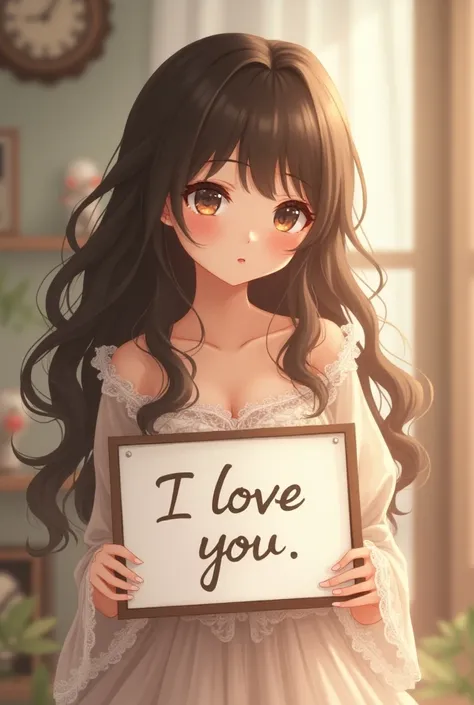 Beautiful anime girl with long wavy hair, bohemian dress, Slightly breasted,   holding a white board with the text  "I LOVE YOU"  and showing it to the spectator 