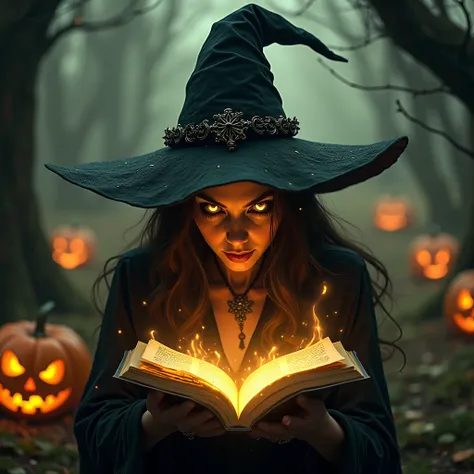 Dark fantasy illustration. Close-up. An evil witch casts a spell surrounded by glowing pumpkins and tangled cobwebs in a dimly lit, mystical forest. Macro shot. Muted color palette with warm golden lighting. Glowing eyes, intricate spellbook, misty atmosph...