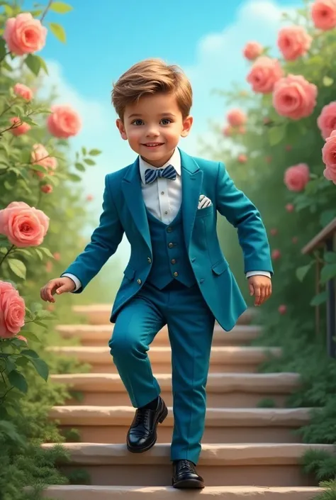 Photograph of a seven-year-old boy,      climbing and wearing very elegant black patent leather shoes       , Going up the stairs she smiles a lot     ,    On the green grass floor to the right of the rose garden, the blue sky. , brown blonde hair, brown e...