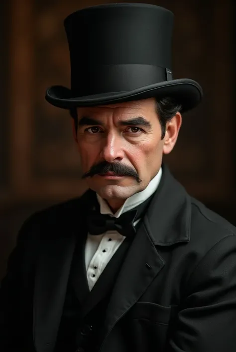 Classic Victorian man, moustache,  dark brown eyes and little hair, covered by a hat 