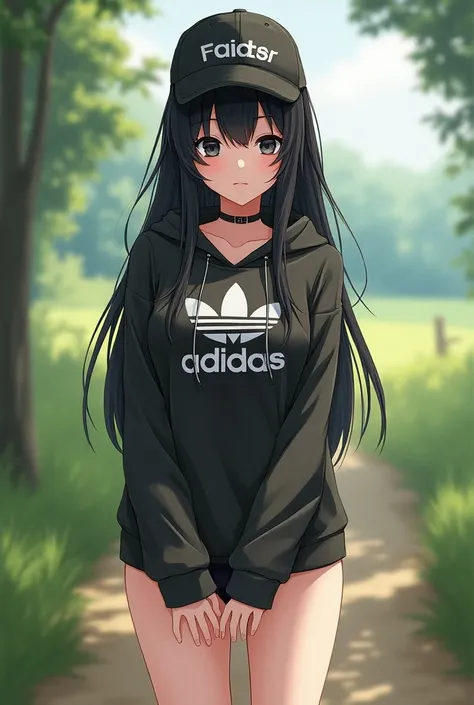 Sexy anime girl&#39;long hair&#39;black eyes&#39;barefoot&#39;an Adidas hoodie&#39;wearing an Adidas cap&#39;wearing black panties&#39;background is in the countryside 
