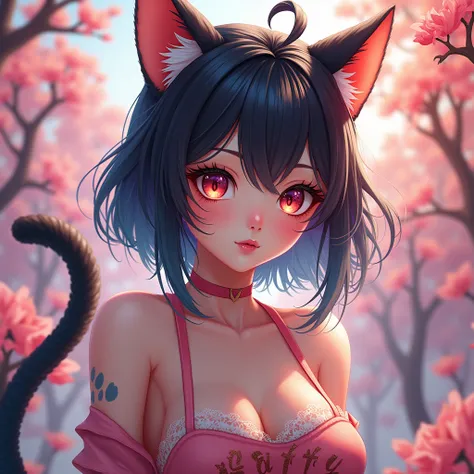 a cute catgirl, detailed intricate lettering "catty" on her outfit, beautiful detailed eyes, beautiful detailed lips, extremely detailed face and features, long eyelashes, cat ears, cat tail, kawaii style, vibrant colors, dynamic pose, highly detailed, 8k,...