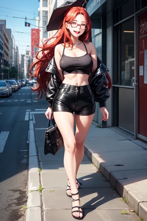  Extremely attractive fifteen year old young woman , long red hair , big expressive red eyes slowly closed  , open mouth smiling ,  prescription glasses with black frame  , Black leather shorts ,  purple blouse open at the front showing the breasts without...