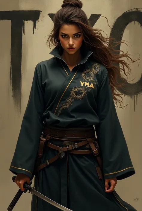  Realistic drawing of a ninja woman with brown eyes and hair holding a katana.  She wears a costume that has her name embroidered on her chest her name is YMA . In the background of the stage are the initials TXC 