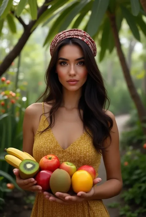 4K, Best high resolution, realist photo like real, 4k best high quality ever, real photo pattern, a Highest quality ever, no flaws, Photorealistic, profile picture, skinny tall brunette very pretty beautiful lebanese girl standing holding a banana and kiwi...