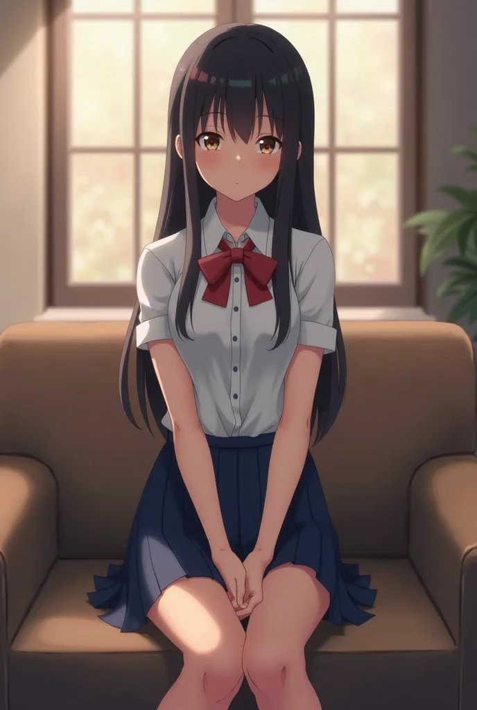 best quality, masterpiece, highres, solo, (nagatoro_hayase_donttoywithmemissnagatoro:1.10), 1girl, indoors, no socks, pleated skirt, school uniform, uwabaki, white shirt, blue skirt, couch, full body, sitting, blush, crossed legs, anime_style, 8 feet, cum 