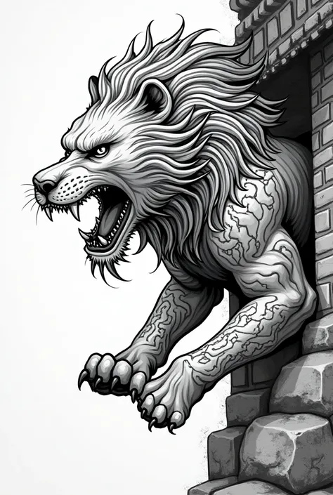 Ferocious lion tattoo on Japanese temple black and white animated shape 