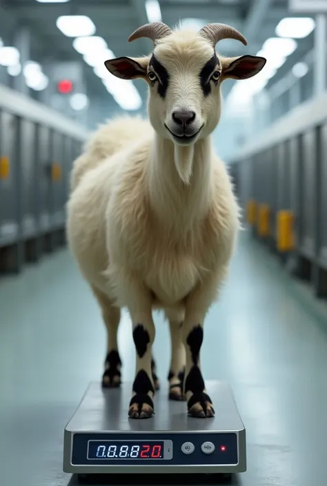 A goat being weighed on a digital scale with the aid of a thermographic camera and a built-in arduino 