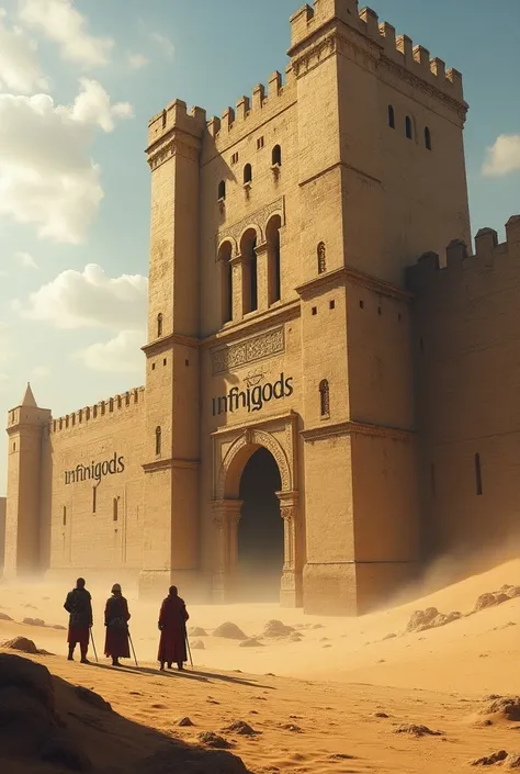 Write the word INFINIGODS on the wall of a beautiful and historical castle in the middle of the desert with several guards around it.