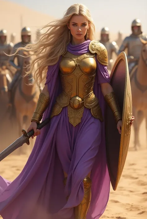 ( ,4K,8k,   High resolution   , masterpiece:1.2),super detailed,  full body whole, elf woman, purple robe, long hair,  golden armor , Sun emblem ,  using sword and shield ,  paladin marching with an army, in the desert