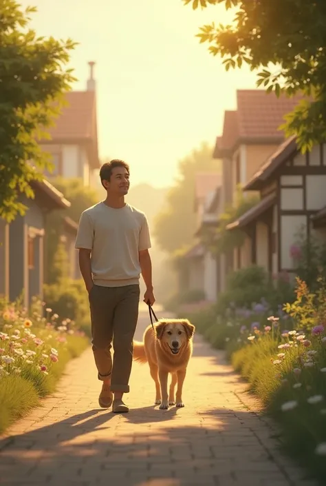 ### Suggested image:

 The image could show the blind man walking down a street in the town, with his dog leading him .  The blind man has a calm and serene expression ,  while the dog is attentive and faithful to his side . Around them,  you can see the h...