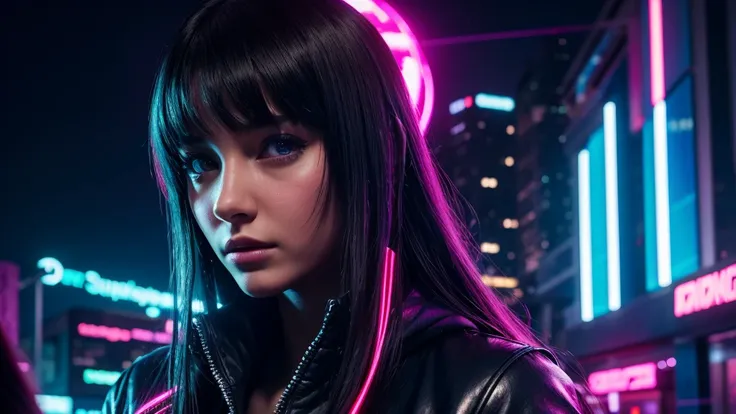 realistic girl in the word ciberpunk 2077 looking for the front fixing with long hair and neons super bright in the background