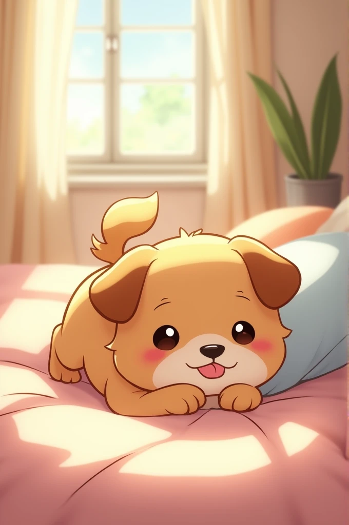 In a cozy bedroom, a small anime puppy boy lays peacefully on a soft bed. The warm sunlight filters through the window. He has ears and a tail in is very tiny and cute. His eyes are big and adorable. He has puppy ears and a tail. He has curves and a toddle...