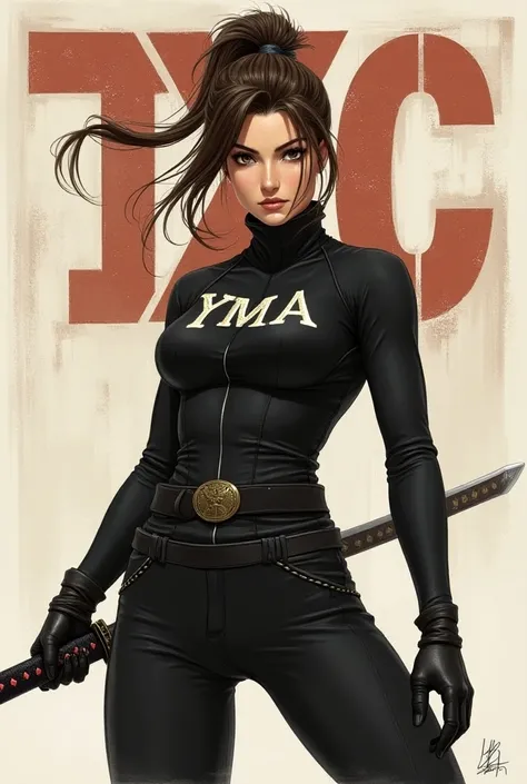  Realistic drawing of a female ninja with brown eyes and hair showing a katana. She wears a tight suit that has her name embroidered on the chest, her name is YMA.. In the background of the stage are the initials TXC large size  