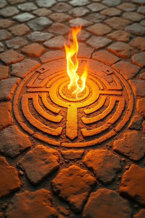 Create me a symbol engraved on the ground in the shape of a fire,  ancient Mayan floor texture ,  perspective from above, orange or yellow soil , Aztec type , old brick floor