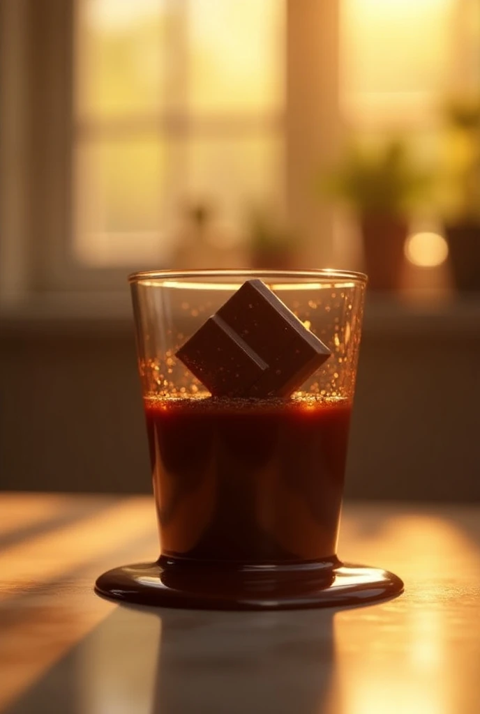 Chocolate candy melted in a glass by the sun 