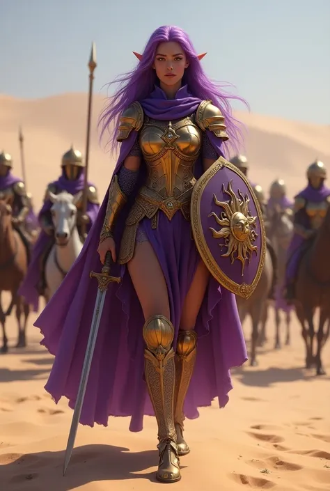 ( ,4K,8k,   High resolution   ,masterpiece:1.2),super detailed,  full body whole,  Purple Elf Woman, long hair,  golden armor , Sun emblem ,  using sword and shield ,  paladin marching with an army, in the desert