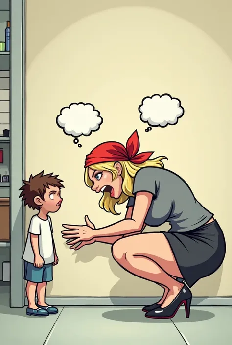 Full indoor shot of a large woman crouched down, looking at and reaching toward a much smaller man standing next to a wall.

The large woman, light-blonde haired and wearing a gray top and a short gray skirt, appears to be in a playful or somewhat menacing...