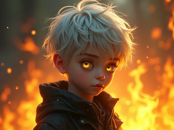  High level of detail , clarity, 8 kilos, Young boy, 18 years old, light grey hair, short haircut,  yellow eyes , Standing on the fire, realism, fancy,