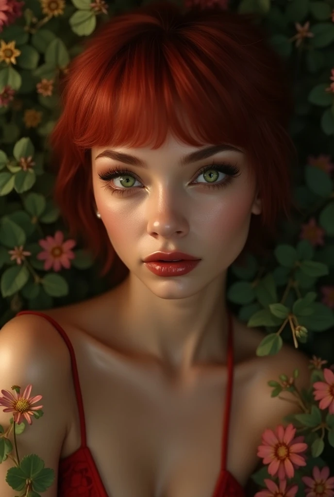 Short, red hair, green eyes, naked, vulgar smile, submissive girl . (masterpiece, top quality, best quality, official art, beautiful and aesthetically pleasing:1.2), extremely detailed,(fractal art:1.2),Colorful,The most detailed, (submissive pose), (green...