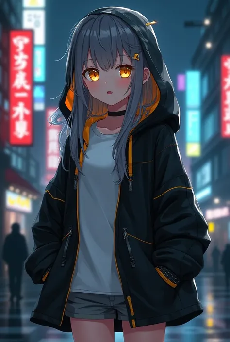 Messy long hair,Gray Hair,Yellow Eyes, white t-shirt,hooded raincoat with black base and orange lines,Grey shorts,Sneakers with yellow lines on a white base ,Neon city at night,Anime Style,beautiful girl,Big Breasts