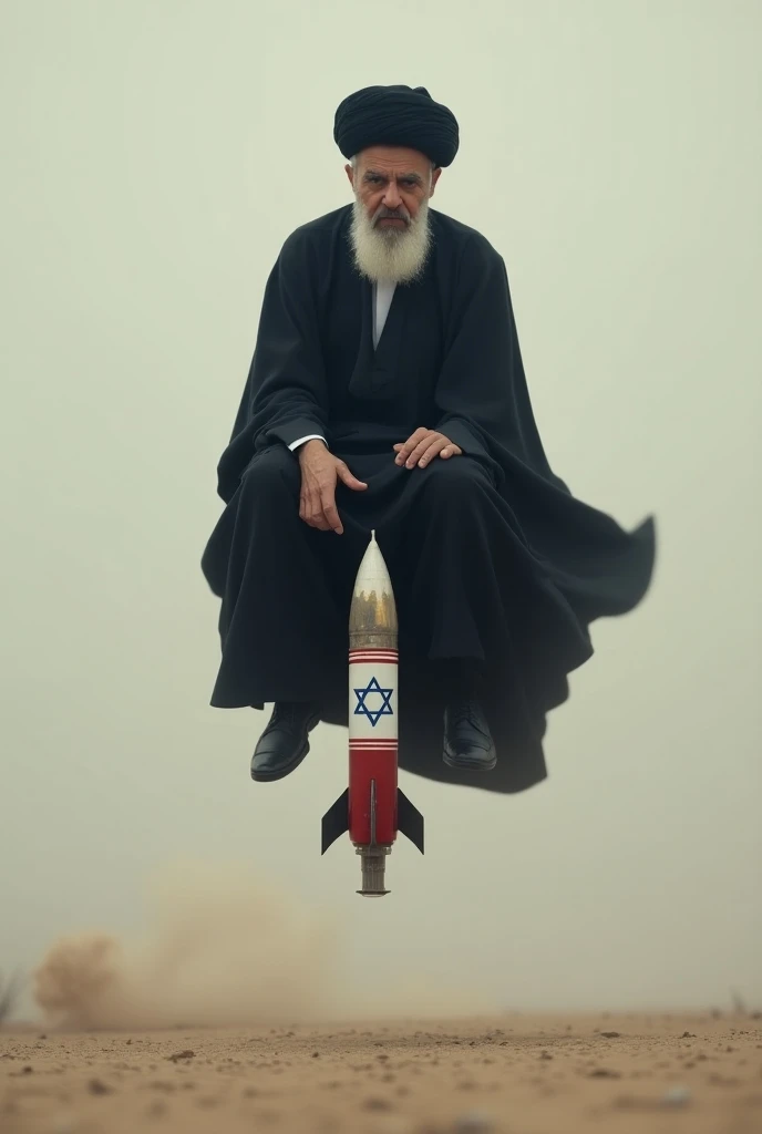 Khamenei wears a black cloak and a black turban. He sits in the air ten meters away from the ground, squatting and afraid
At the bottom of it is a rocket painted with the Israeli flag
 towards it
 