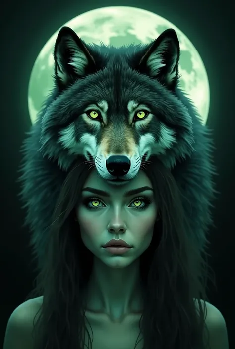 With cool colors ,  create a womans face in the center of the image ,  above his head must contain a wolfs head.  The wolf must have green eyes , snout and mouth with fangs .  Below his mouth begins the womans face .  The wolf and the woman must have green...