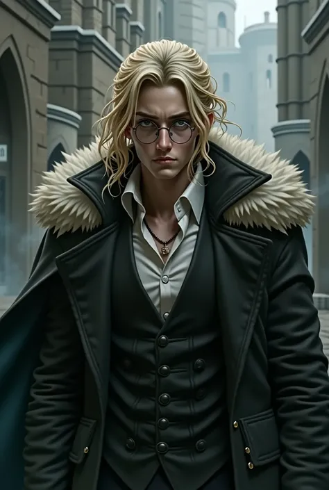 A 20-year-old man with light and long blond hair tied behind,   but with some threads escaping the tie  ;   greenish eyes  , but almost white  ; round glasses ; Stronghold ;   muscles not very apparent;   thick black cape with white fur around the collar ;...