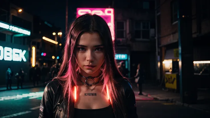 realistic girl in the word ciberpunk 2077 looking for the front fixing with long hair and neons super bright in the background