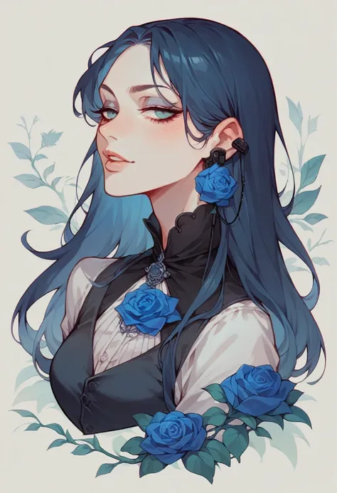 a gothic girl, linda,  neutral expression, seductive,  long hair , I wore a, suit, blue rose, Earphones 