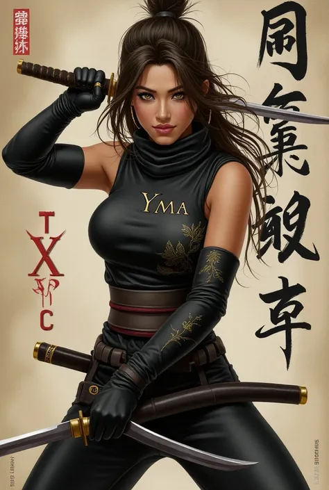 Realistic drawing of a female ninja woman with brown eyes and hair holding up a katana and knife. She wears a tight suit that has her name embroidered on the chest, her name is YMA.. In the background of the stage there is a background with Chinese letters...