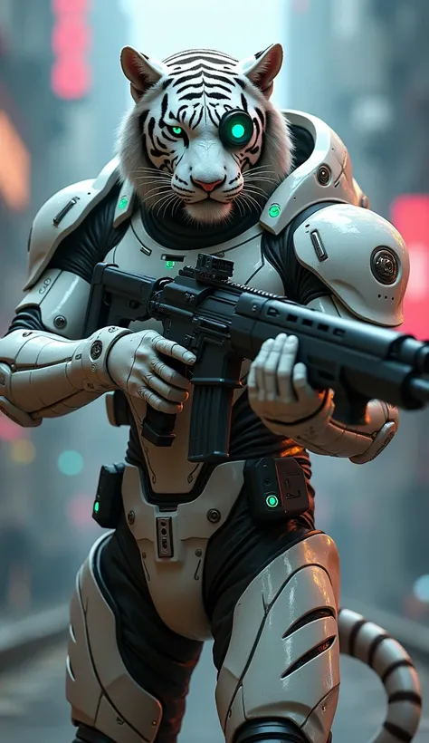  humanoid white tiger armor , with cyberpunk ,  aiming with a futuristic machine gun, with eye patch.  blurry cyberpunk style background 