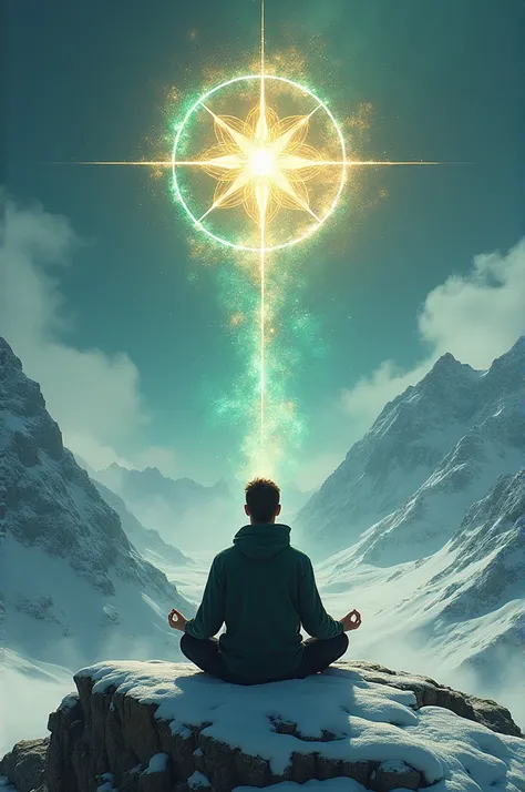  Man meditating on a mountain peak with cold and icy winds.  Snow can be seen in the area .   Gold-colored energies , green and blue.  The Star of Metraton and the Flower of Life .  Large Crystal Quartz channeling energy . A lot of peace and harmony 