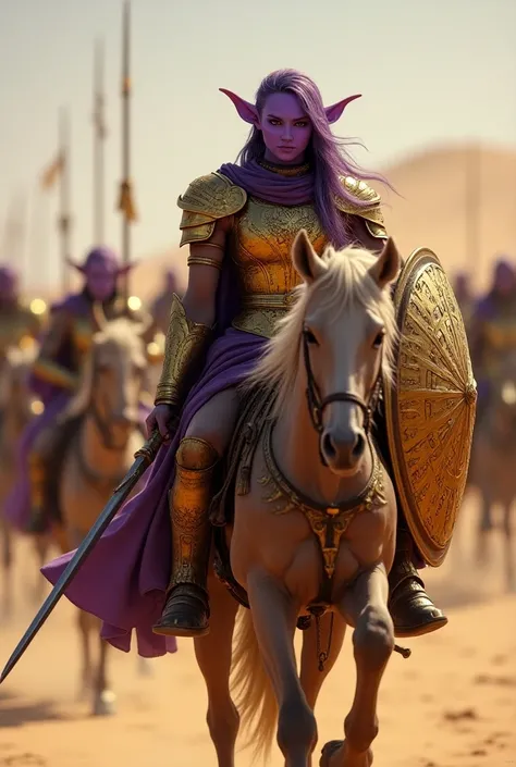 ( ,4K,8k,   High resolution   ,masterpiece:1.2),super detailed,  full body whole, purple skinned elf, long hair,  golden armor , Sun emblem ,  using sword and shield ,  paladin marching with an army, in the desert