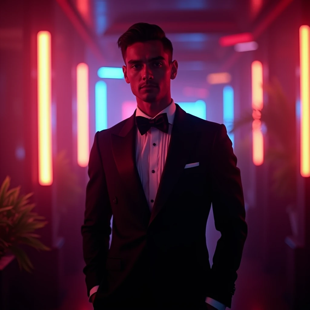 a confident young man in an elegant black suit standing in a nightclub with neon lights, bright colors backlit his figure, creating a mysterious charismatic atmosphere around him, 1 man, photorealistic, 8k, cinematic lighting, high contrast, moody, neon li...