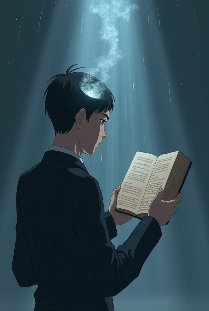  animation of a man with his back thinking and his forehead opening a portal with the book bearing the title "I think,  then there is " on the cover and him reaching out to get , conceptual art, futurism, modern, anime, depth of field, god rays, motion lin...