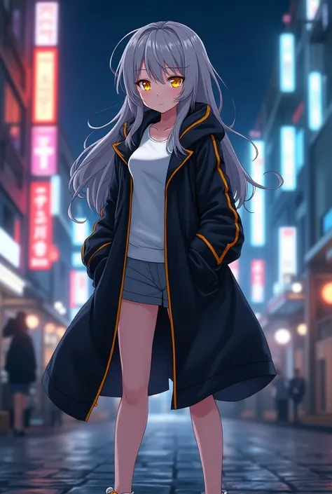 Messy long hair,Gray Hair,Yellow Eyes, white t-shirt,hooded raincoat with black base and orange lines,Grey shorts,Sneakers with yellow lines on a white base ,Neon city at night,Anime Style,beautiful girl,Big Breasts,Long coat with orange lines on a black b...