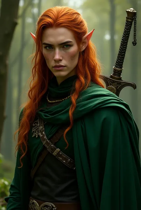 male elf. hair: long,  intense redheads , falling to the shoulders.  hair seems to shine with shades of copper and fire ,  especially in the sunlight , , which contrasts with your serious posture .
eyes:  Moss-green ,  with a penetrating and analytical loo...