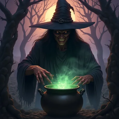 Dark fantasy illustration. Close-up portrait. A wicked witch casting a spell in a dark, misty forest. Dramatic lighting. Triadic colors with vibrant oranges and deep purples. Twisted, gnarled tree branches in the background. A bubbling cauldron at her feet...