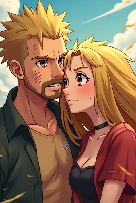 A Naruto style anime couple playing around the man has a lot of freckles and a shaved head and brown eyes and a round nose and a mustache and a goatee with a woman who has very long blonde hair a few freckles and brown eyes and a round nose. 