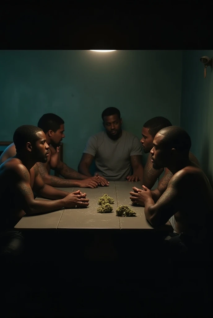 4 gang s sitting around the table thanking God and there are marijuana on the table