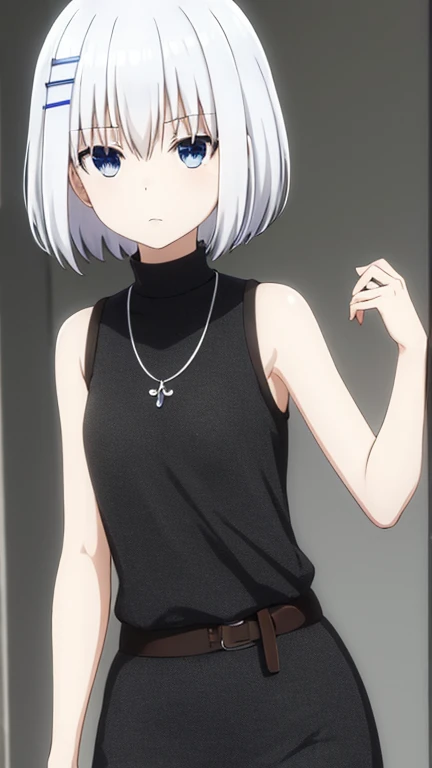 1girl, origami tobiichi casual, short hair, blue eyes, hair ornament, bare shoulders, white hair,
BREAK jewelry ,sleeveless, hairclip, necklace, turtleneck, sleeveless turtleneck, strap between breasts, white dress, white sleeveless,
BREAK standing upright...