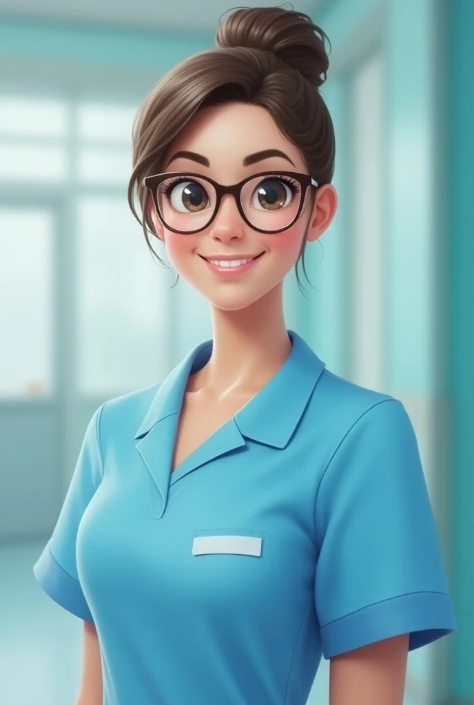 cute nurse with glasses with uniform light blue color full size