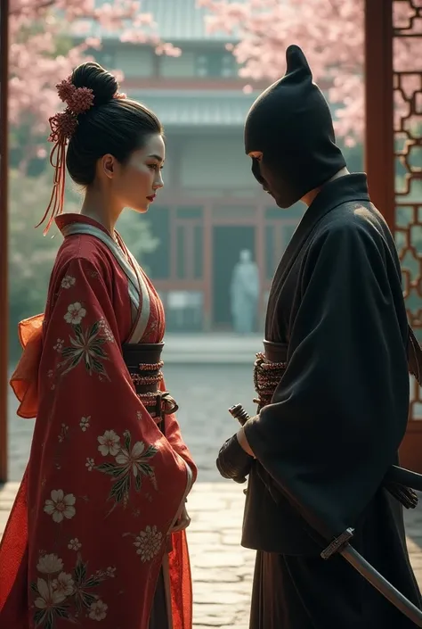 Hight quality, realistic, very beautiful woman shogun, cutting neck boy ninja